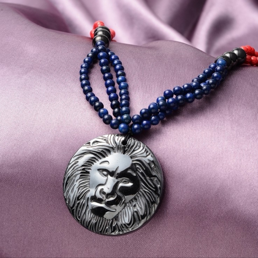 NEW Hematite Carved Shungite, Red Lepidsis Olapa & Lapis Necklace w/Lion Head